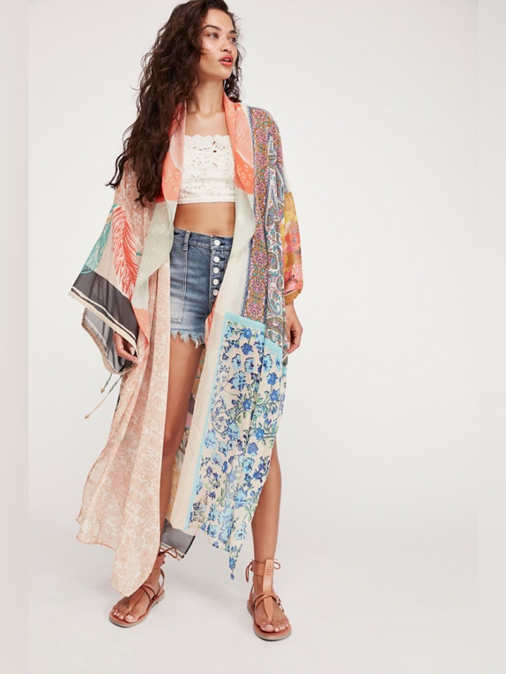 Free People Multicolor Patchwork Kimono Coverup - Coral, Blue & Cream